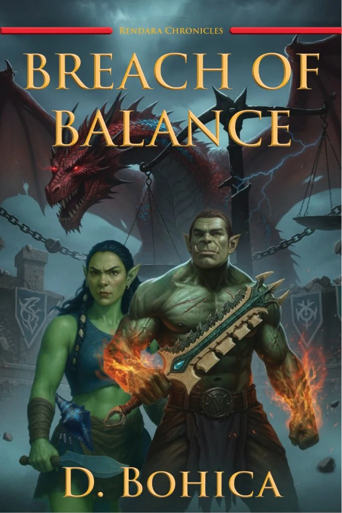 Breach of Balance cover: two orc warriors before a red dragon