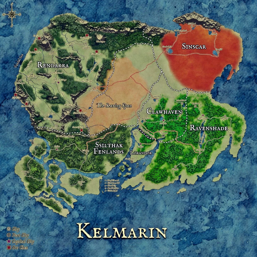 Map of Kelmarin showing its six nations: Rendarra, Sinscar, the Ssilthak Fenlands, Lorandor, Clawhaven and Ravenshade